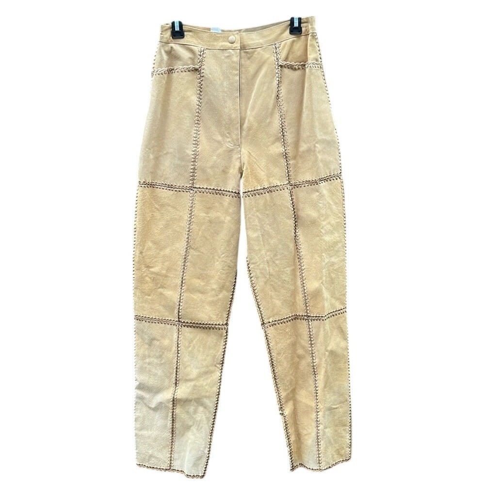 S.M.H. Vintage Dead Stock Tan Suede Crochet Patchwork Pants Boho Coachella sz 10
